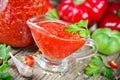 Red pepper adzhika in glass gravy boat Royalty Free Stock Photo