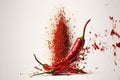 Red pepper flakes, chili powder, and chilies explode Royalty Free Stock Photo