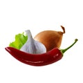 Red pepper,garlic,onion.Spices on isolated background