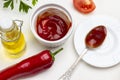 Red pepper pod, tomato wedge and olive oil. Spoon with tomato sauce Royalty Free Stock Photo