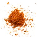 Red pepper powder isolated on white background, top view. Heap of red pepper powder on a white background. Cayenne Royalty Free Stock Photo