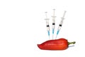 In red pepper pricked with a syringe on a white isolated background.