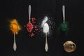 Red pepper  tumeric , chili peper,  white salt and spirulina in vintage spoons on black background top view of different types of Royalty Free Stock Photo