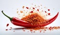 A red pepper is on a white background with a lot of red pepper flakes Royalty Free Stock Photo