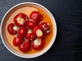 delicious italian appetizer, red bell peppers filled with a cream of cheese and herbs, copy space, top view, Antipasti Appetizer Royalty Free Stock Photo