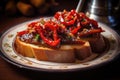 Red peppers with great anchovies on a slice of bread. Typical Spanish food