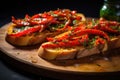 Red peppers with great anchovies on a slice of bread. Typical Spanish food