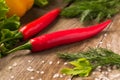 Red peppers lying on the wooden table