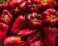 Red peppers on a tray ready to bake. Macro. Top view Royalty Free Stock Photo