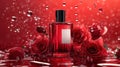 Red perfume bottle with roses Royalty Free Stock Photo
