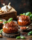 Red pesto sauce in glass jar on rustic background with copyspace for your text Royalty Free Stock Photo