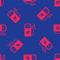 Red Petrol or gas station icon isolated seamless pattern on blue background. Car fuel symbol. Gasoline pump. Vector Royalty Free Stock Photo