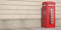 Red phone booth on brick wall background. London, british and english symbol. Space for text Royalty Free Stock Photo