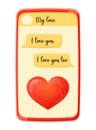 Red phone with chat messages. Love text with heart. Relationships communication. Valentines day. Vector illustration for design