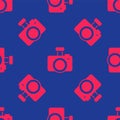 Red Photo camera icon isolated seamless pattern on blue background. Foto camera. Digital photography. Vector Royalty Free Stock Photo
