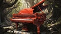 A red piano in a forest