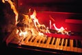 Red piano in orange flames Royalty Free Stock Photo