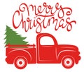 Red pickup with christmas tree. Traditional american track. Vector illustration for christmas holidays. Royalty Free Stock Photo