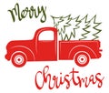 Red pickup with christmas tree. Traditional american track. Vector illustration for christmas holidays. Royalty Free Stock Photo