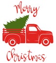 Red pickup with christmas tree. Traditional american track. Vector illustration for christmas holidays. Royalty Free Stock Photo