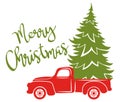 Red pickup with christmas tree. Traditional american track. Vector illustration for christmas holidays. Royalty Free Stock Photo