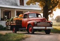 Red pickup loaded with autumn produce Royalty Free Stock Photo