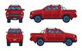 Red pickup set. Massive car for transportation and trucking. Front, back Royalty Free Stock Photo