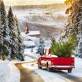 Red pickup truck carrying Christmas trees in snowy winter scenery