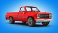 Red pickup truck perspective view on blue background 3d