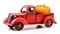 Red pickup truck with pumpkin. Old vintage metal pickup truck. Retro car on white isolated background. Farm concept. Royalty Free Stock Photo