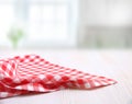 Red picnic checkered cloth on white wooden background empty copy space,food advertisement frame design Royalty Free Stock Photo