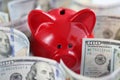 Red pig piggy bank and cash american dollars on table Royalty Free Stock Photo