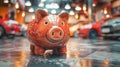 Red piggy bank in a car showroom against the background of cars. Car leasing or loan concept Royalty Free Stock Photo