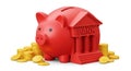 Red piggy bank combined with a small red bank building, complete with columns