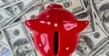 Red piggy bank on dollars. Savings and investments in American economy Royalty Free Stock Photo