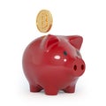 Red piggy bank and one golden bitcoin on white background. Accumulation concept. 3d rendering.