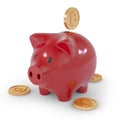 Red piggy bank and one golden bitcoins on white background. Accumulation concept. 3d rendering.