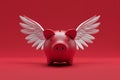 Red piggy bank with white angelic wings as a cupid, on solid red background