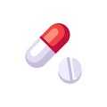Red pill and white tablet illustration. Medicine flat icon