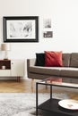 Red pillow on sofa next to white cabinet with lamp in living room interior with posters. Real photo Royalty Free Stock Photo