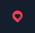 Red Pin button with heart flat icon, map pointer, favorite places. Love pointer, dating service, love search service