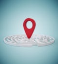 Red pin in a complex white maze. Successful goal concept