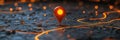 red pin on map with glowing orange lines indicating location