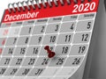 Red pin marking christmas day on calendar on white background. Isolated 3D illustration