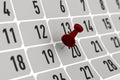 Red pin marking important day on calendar. 3D illustration Royalty Free Stock Photo