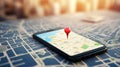 Red pin point icon on smartphone with GPS navigator, close-up local map destination. Virtual world. Generative AI Royalty Free Stock Photo