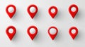 Red Pin Point Icons Set With Eight Different Map Location Pointers Isolated on White Background for Design and Royalty Free Stock Photo