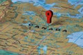 Red pin, point on the map of Canada. Concept travel background. Royalty Free Stock Photo