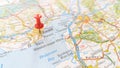 A red pin stuck in Cardiff on a map of Wales Royalty Free Stock Photo