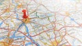A red pin stuck in Leicester on a map of England Royalty Free Stock Photo